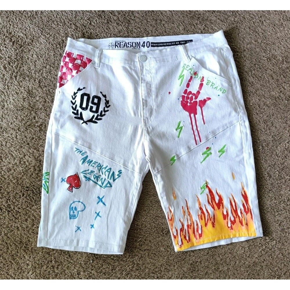 Reason Denim Shorts Men's Size 40 White Embroidered Graphic Streetwear